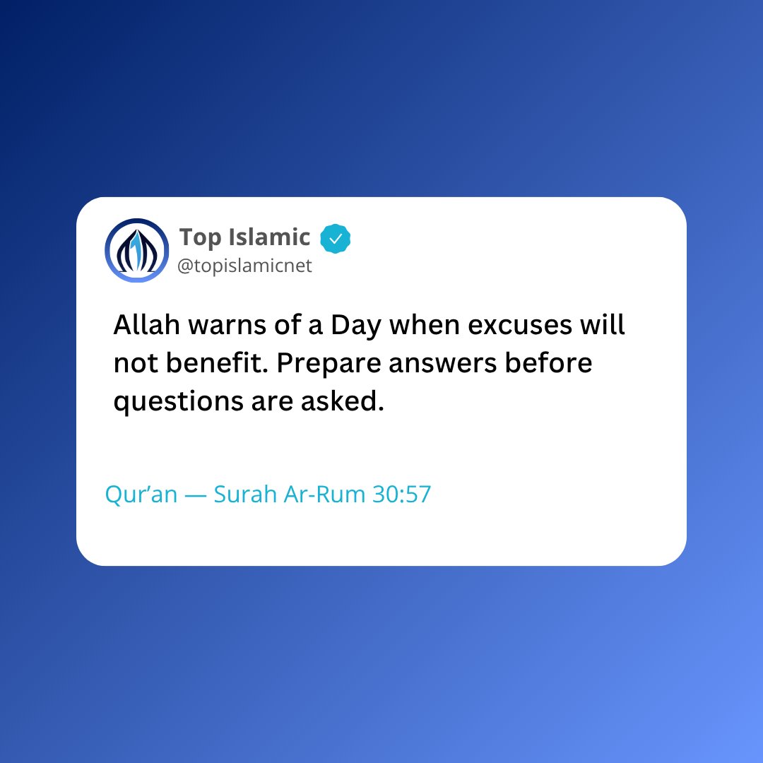 topislamicnet's tweet image. Allah warns of a Day when excuses will not benefit.
Prepare answers before questions are asked.
Qur’an — Surah Ar-Rum 30:57

#Quran #Hadith #IslamicReminder #Sunnah #Deen #Faith #IslamicQuotes