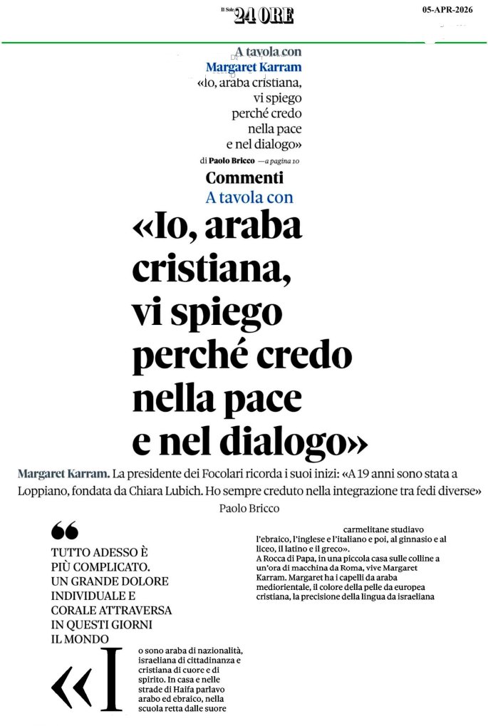 GiulioTerzi's tweet photo. Margaret Karram intervistata da @PaoloBricco per il @sole24ore  "Io, araba cristiana, vi spiego perchè credo nella pace e nel dialogo".
La Presidente dei Focolari ricorda i suoi inizi "A 19 anni sono stata a Loppiano, fondata da Chiara Lubich. Ho sempre creduto nella integrazione tra fedi diverse".
@FratellidItalia @fdieuropa @FDI_Parlamento @ecrgroup @nazione_futura @vocedelpatriota @GeopoliticalCen @GlobalCRL @theglobalnewsit