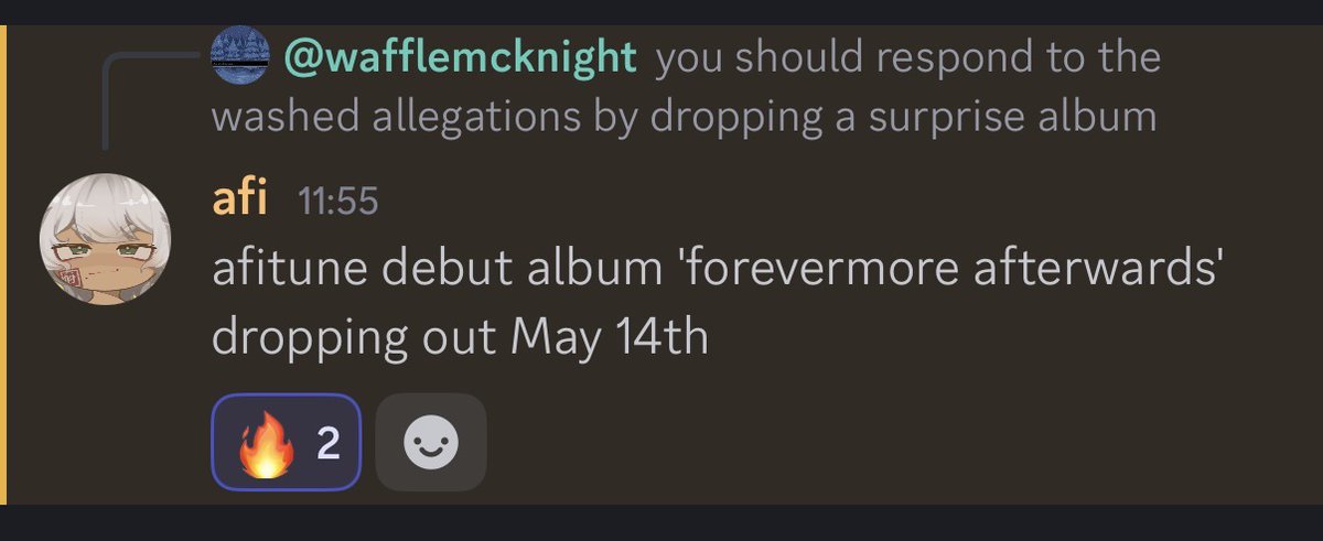 acko411news's tweet photo. 🚨🚨‼️HOLY FUCKING SHIT 🚨🚨‼️👀

Newly LEAKED Discord messages reveal that afi is planning a SURPRISE ALBUM to drop on MAY 14TH to respond to his haters ‼️📆 i can't wait ....

Will the leviathan emerge from beneath the earth to swallow us whole before this drops?👀🤔🔥 https://t.co/Jzjzrh3JnB