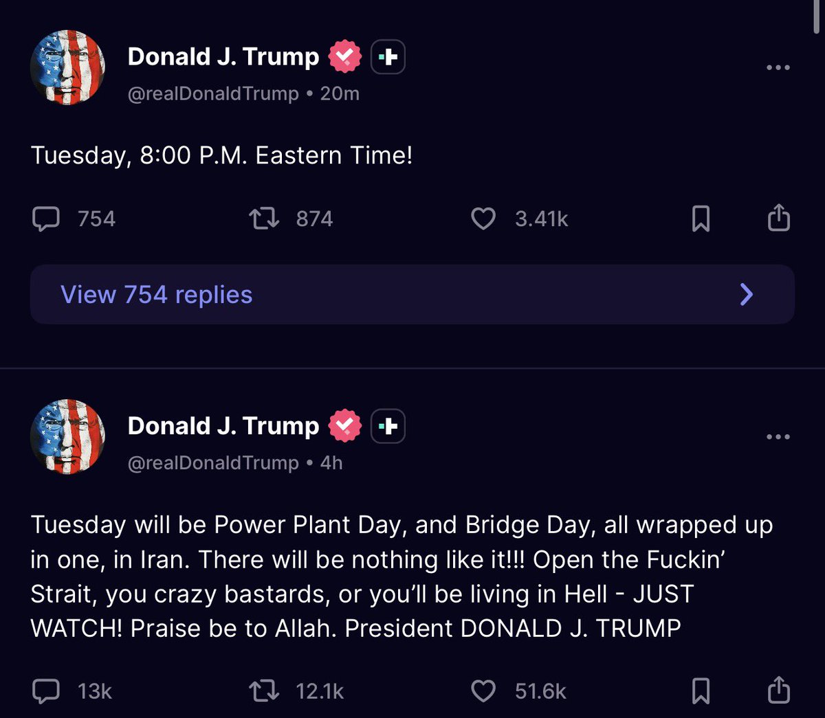 faststocknewss's tweet image. President Trump announces Tuesday at 8 PM ET will be “Power Plant Day and Bridge Day” in Iran.

“Open the Fuckin’ Strait, you crazy bastards, or you’ll be living in Hell”

Demands Iran open the Strait of Hormuz or face strikes on power plants and bridges.