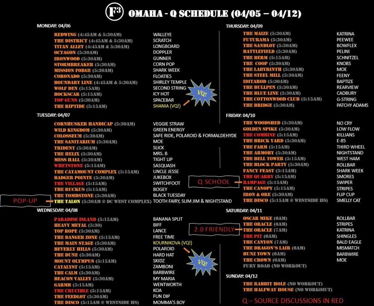 F3Omaha's tweet photo. 🚨 WEEK OF 4/5 Q SCHEDULE! 🐰 

VQ’s: Shania @F3TheRiptide &amp; Kournikova @f3mainstage. 

4/7 Pop-Up @F3TheTalon 

🚌 Q-School @f3TheRampage

2.0 Options 04/11 (Oracle 7am)

8 Year Anniversary 4/25 🎉: https://t.co/RHNpWxJ3bf

8 Year Shirts 👕: https://t.co/eb4BpRhpGM

#FreedToLead https://t.co/YZPPZxg3hq