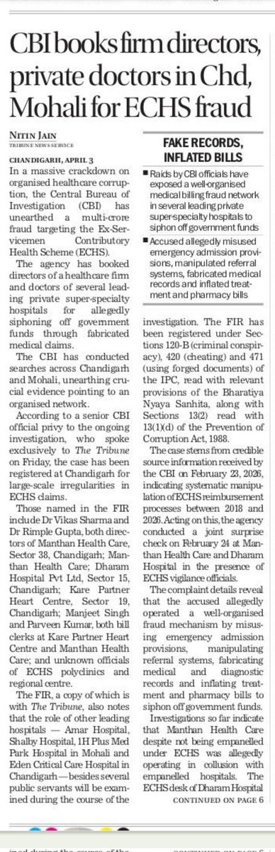 nitinthetribune's tweet photo. #TheTribune
#Chandigarh
#Punjab
#mohali
#Trending
#Forged #records, #fake #admissions, #inflated #bills โ @CBIHeadquarters #busts a multi-crore #fraud on ex-servicemen's #healthcare
Page 1 report in The Tribune
@thetribunechd
https://t.co/SPDga60hTU https://t.co/Rzk4Fnp1YM