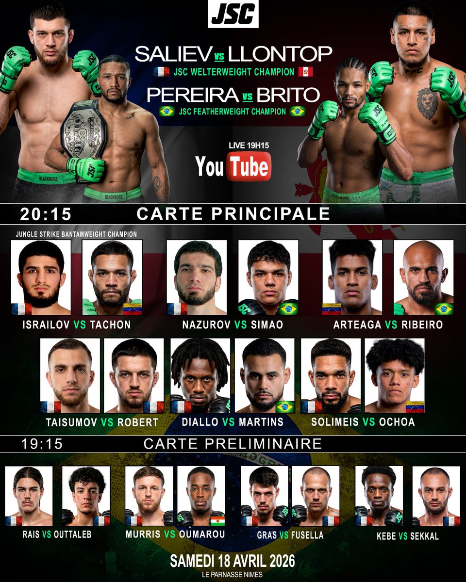 Une carte de fou au Jungle Strike Championship 🔥
3 ceintures en jeu le 18 avril au Parnasse à Nîmes.
🎙️ <a href="/MMA__TIME/">MMA TIME</a>  &amp; Karim Benmansour aux commentaires.
Venez nombreux ! 🎟️ Billetterie en bio.