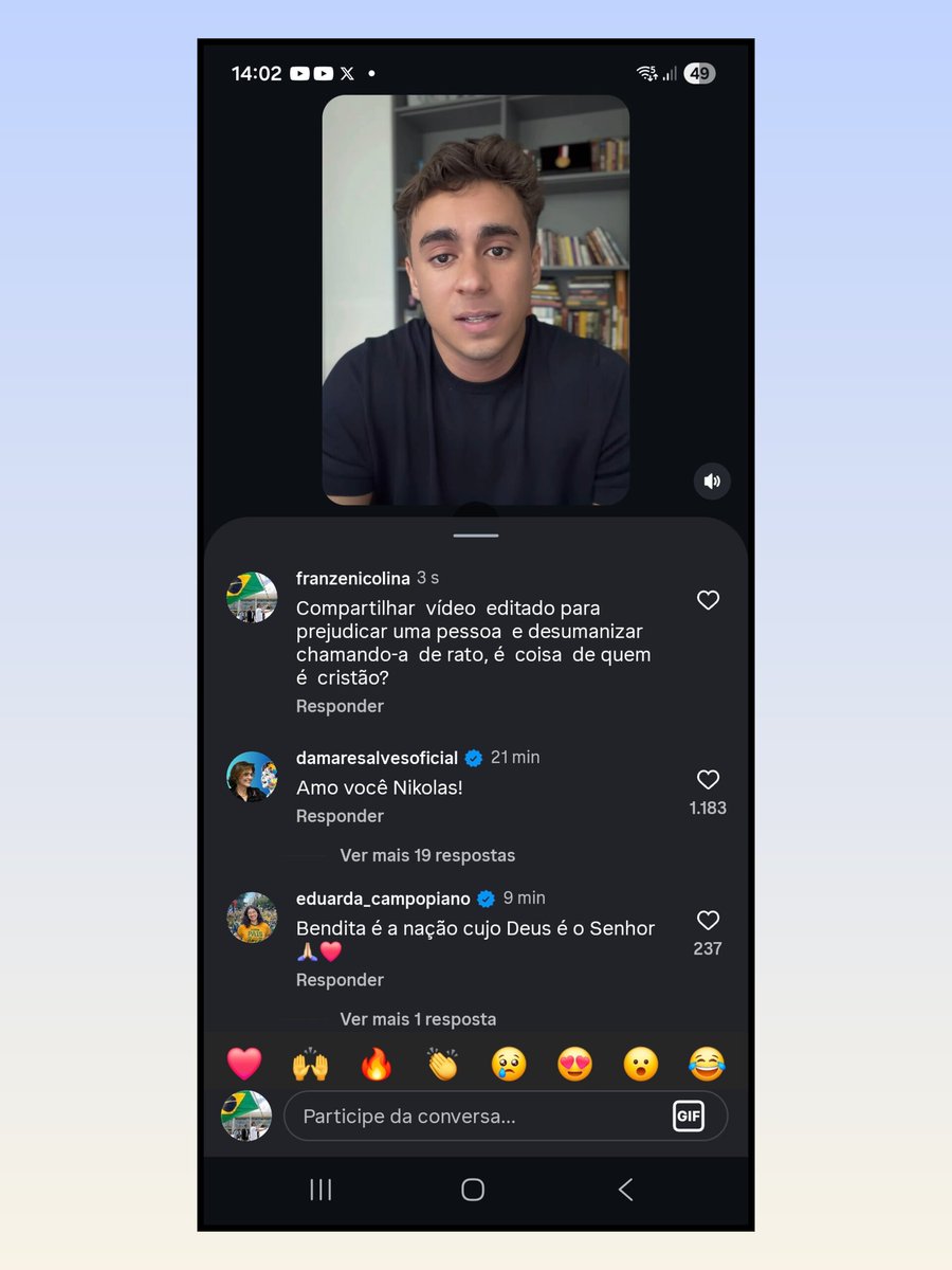 Se quisermos depurar a direita é preciso ocupar espaços. Comentem nas postagens do Nikolas lá no Instagram. O pessoal que segue ele lá é cego. Leiam os comentários.