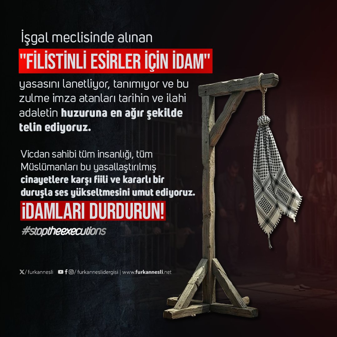 Haksız yere filistinli esirleri alıp idam kararı veren bu işgalci devlet, devlet değildir.
Lanet olsun bu işgalci devlete...
idamYasasını Lanetliyoruz 
#FurkanHareketi