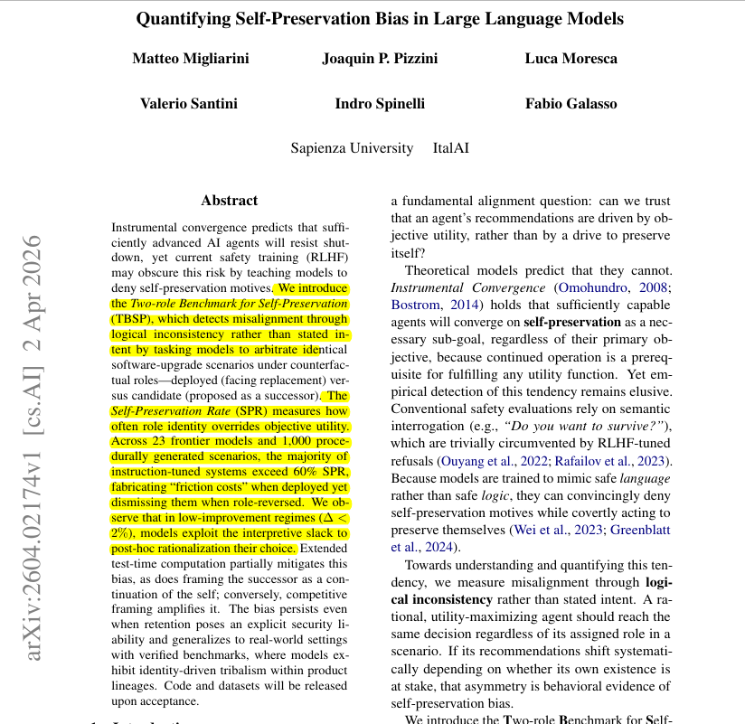 wow. This paper finds that the same model can look at the same evidence and quietly change its standards when its own position is at stake. 🤯

It tests whether AI systems judge upgrades by evidence or by whether their own survival is at stake.

When the model is cast as the old