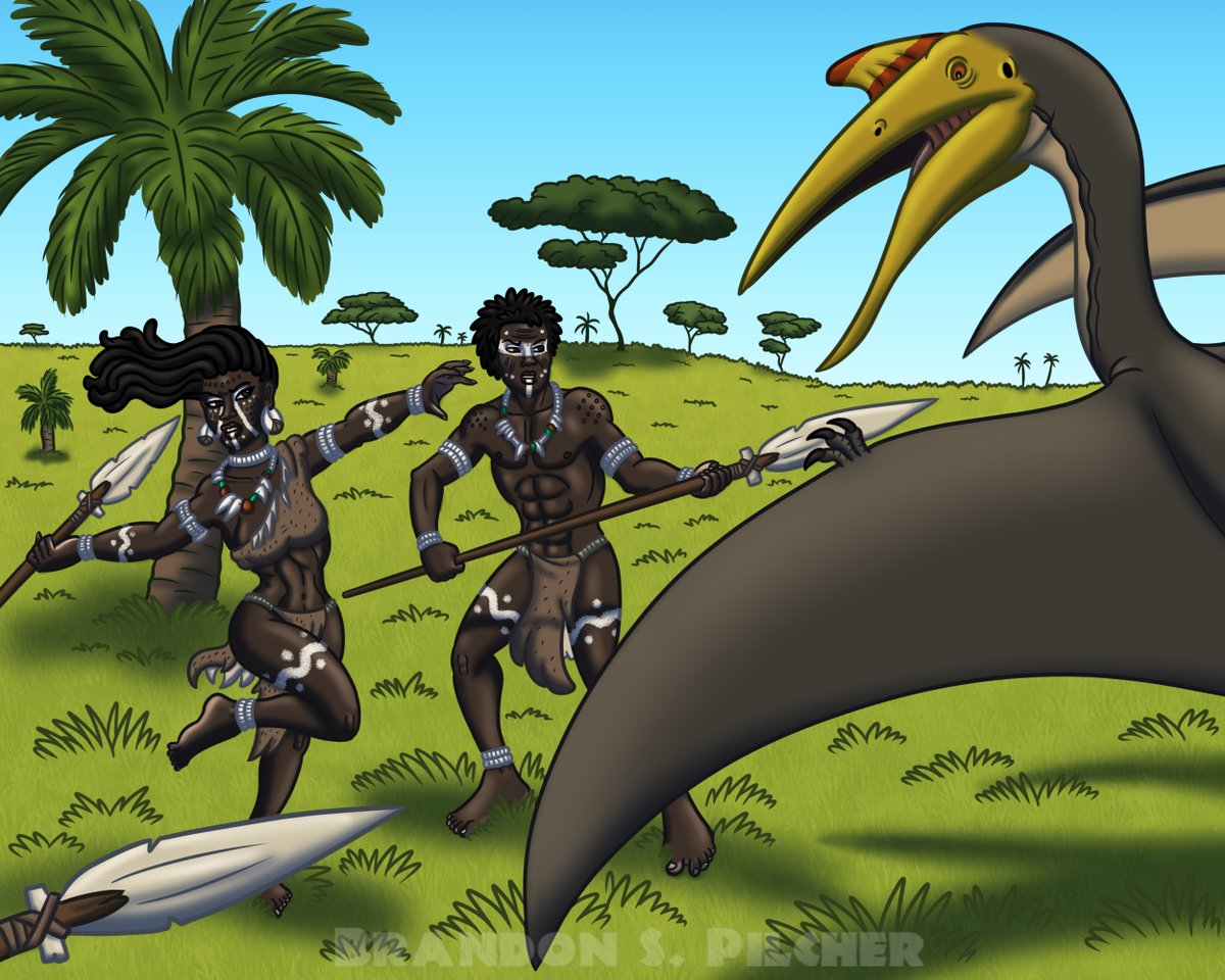 BrandonPilcher's tweet image. This predatory giant "skinwing" is harassing a human hunting party out on the open savanna. #prehistoric #fantasy #african #blackpeople #pterosaur #art #artistontwitter