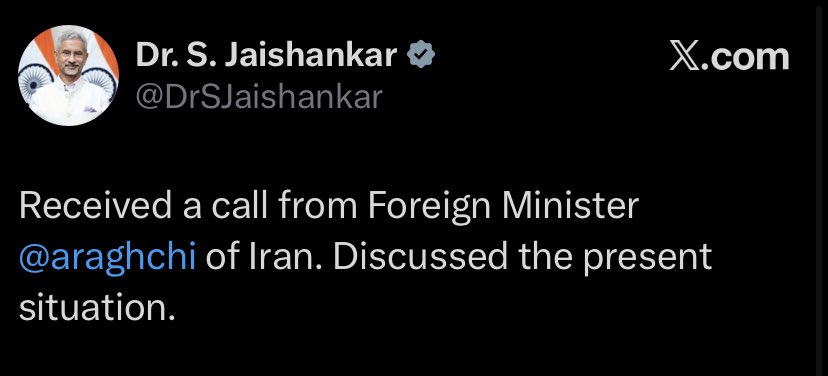 ITGGlobal's tweet photo. EAM Jaishankar talks to Iran FM Araghchi, discussed the present situation. 

#Jaishankar #Araghchi #IranIndia #IndiaTodayGlobal https://t.co/2bOieIetap