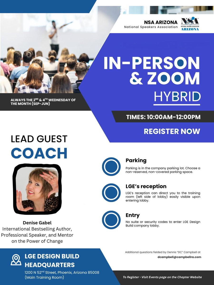 NSAAZ's tweet photo. This is your opportunity to refine your craft, receive constructive feedback, and take your speaking to the next level in a supportive environment. In-person or hybrid.
Lead Guest Coach Denise Gabel for April 8 and 22.
RSVP https://t.co/qTPjgN4S38 

#nsaarizona #nsaaz #nsaspeaker https://t.co/1fZz18LeKw