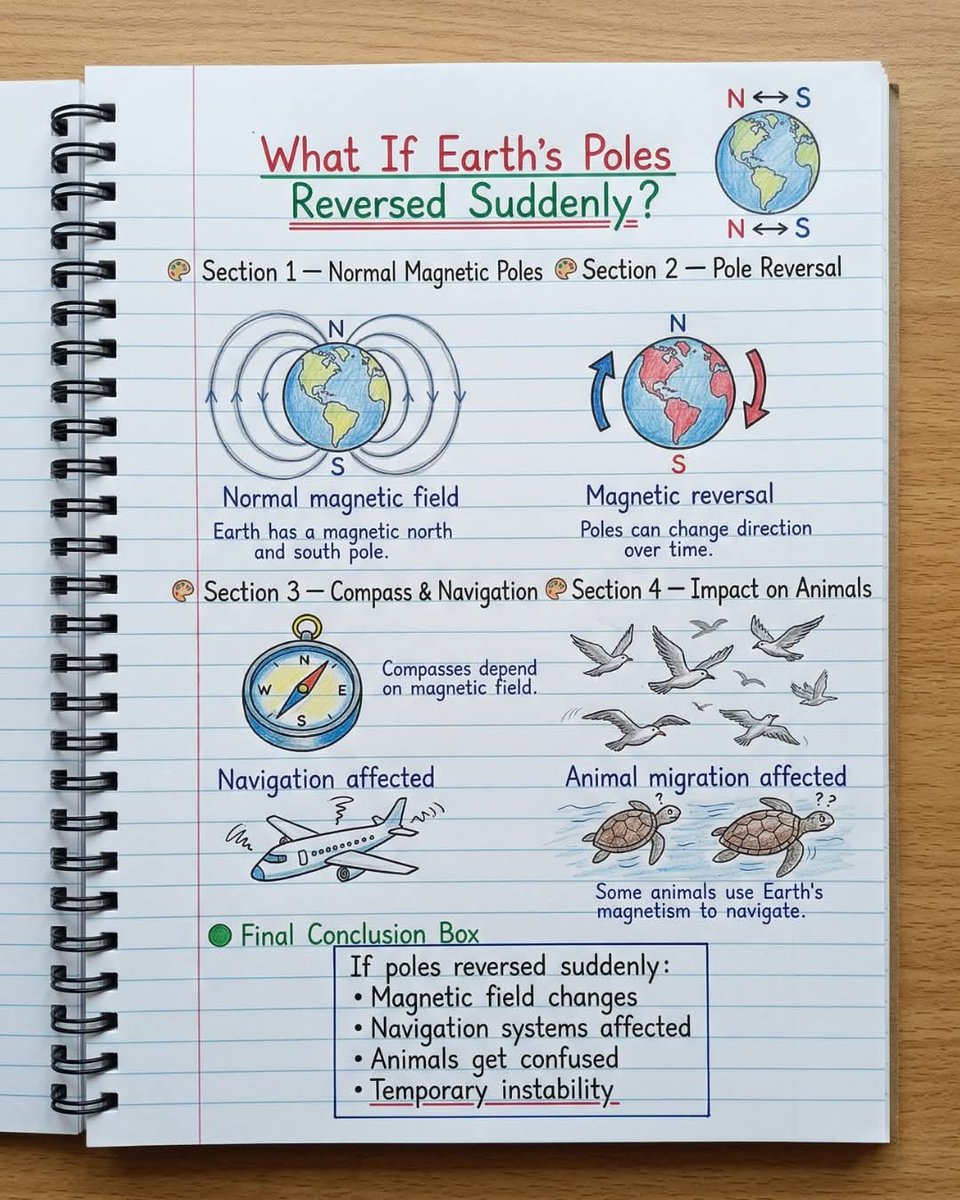 skglearning's tweet image. Science – Magnetic Pole Reversal (Earth)

Learn how Earth’s magnetic poles can reverse and how it affects navigation and living organisms.

#EarthScience #Magnetism #Geophysics #ScienceLearning