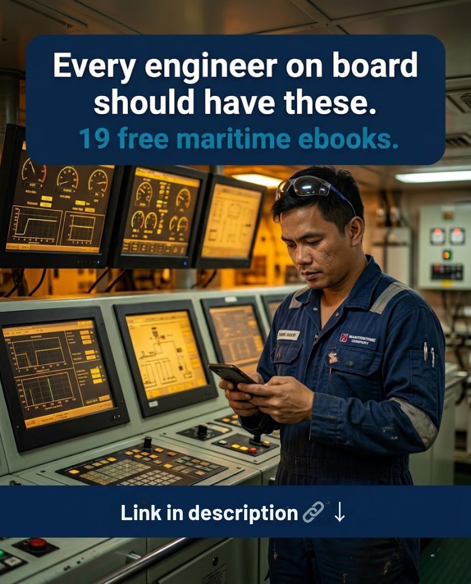 MarineInsight's tweet photo. These 19 free eBooks cover marine engineering, safety systems, onboard procedures, and more.
📚Grab all 19 for free 👉 https://t.co/KpYBDhvDYS
#EngineRoom #ChiefEngineer #SecondEngineer #MaritimeEducation #MarineEngineering #MarineInsight #ShipLife #EngineControlRoom https://t.co/QLp6rmk7MP