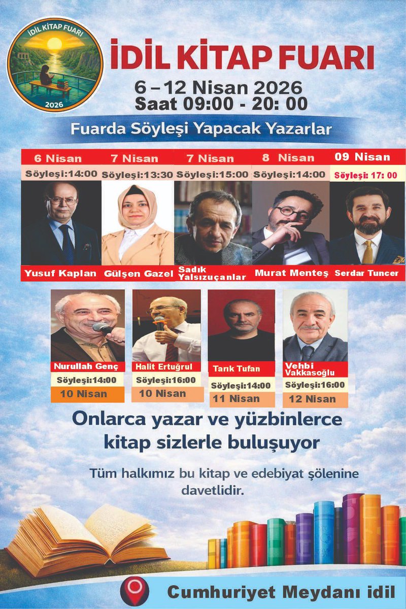 📢 ÇEKİLİŞ ZAMANI
Tarihinde ilk kez düzenlenen İdil Kitap Fuarı’na özel 5 okurumuza görselde yer alan yazarlardan seçtiği bir ismin kitabını hediye ediyoruz. Tek yapmanız gereken, hesabımı takibe alma, gönderiyi RT yapma ve yoruma en az bir arkadaşını etiketleme. Son katılım 9