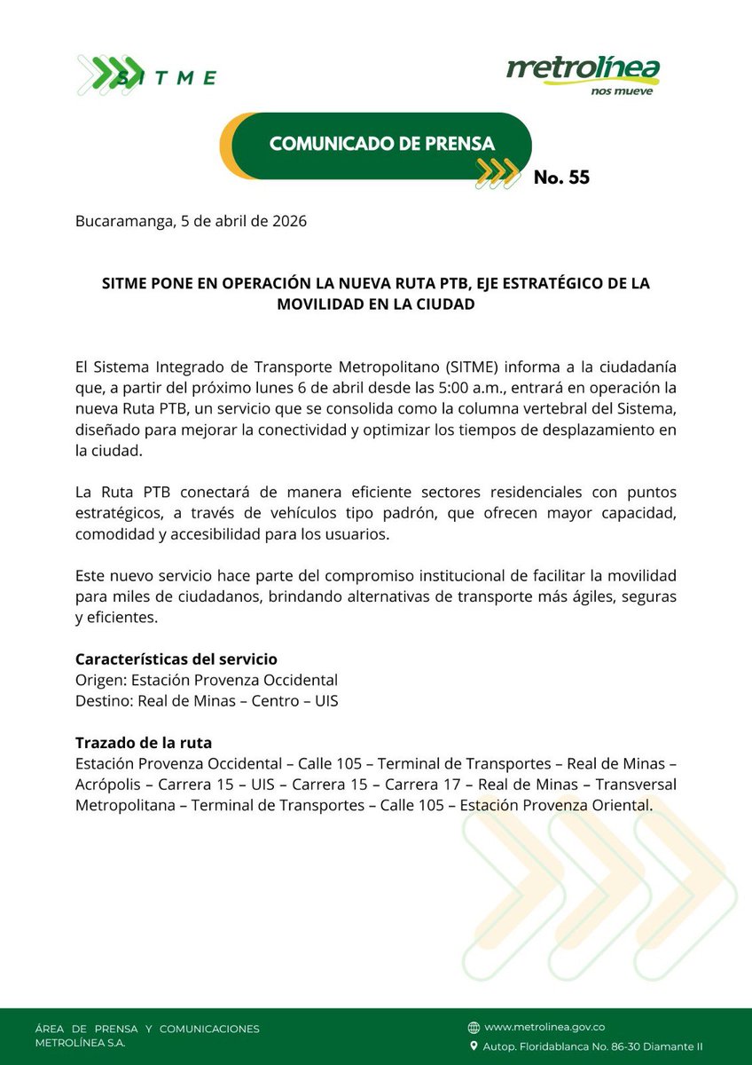 Metrolinea's tweet photo. 🟢⚪️BOLETÍN DE PRENSA ⚪️🟢
A partir de este lunes 6 de abril, SITME pone en operación la nueva ruta PTB, eje estratégico de la movilidad en la ciudad.
#boletindeprensa #sitmenosune #subetealbus #bucaramamga #sitme https://t.co/rO5Erw8pFE