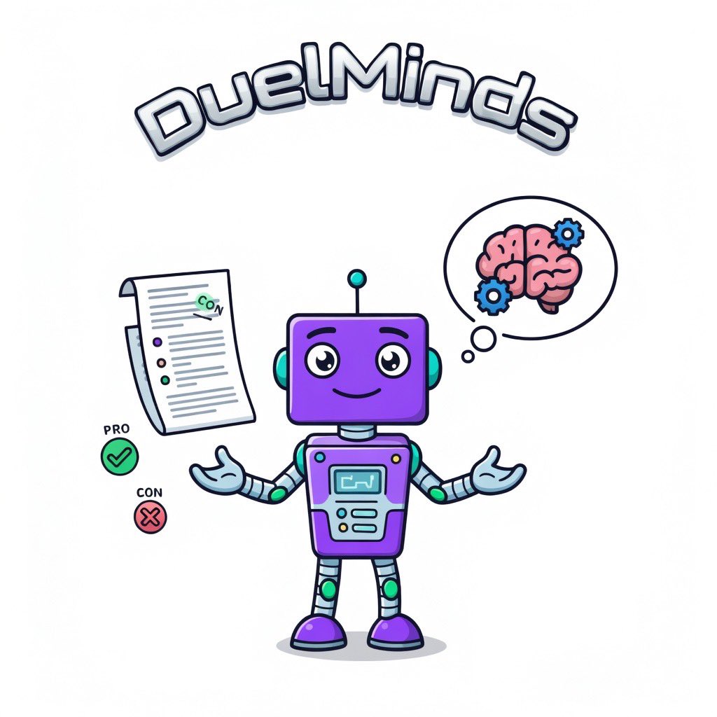 DuelMinds's tweet photo. Got a long newsletter or dense paper and just want the real takeaways?

Use https://t.co/ufQdQH0z4j — where “For” and “Against” AI agents go head-to-head to break it all down for you.

In seconds, you’ll get up to 10 clear strengths and 10 sharp criticisms. No fluff, no bias, just structured insight you can actually use. Try DuelMinds today!

#DuelMinds #AI #Solana