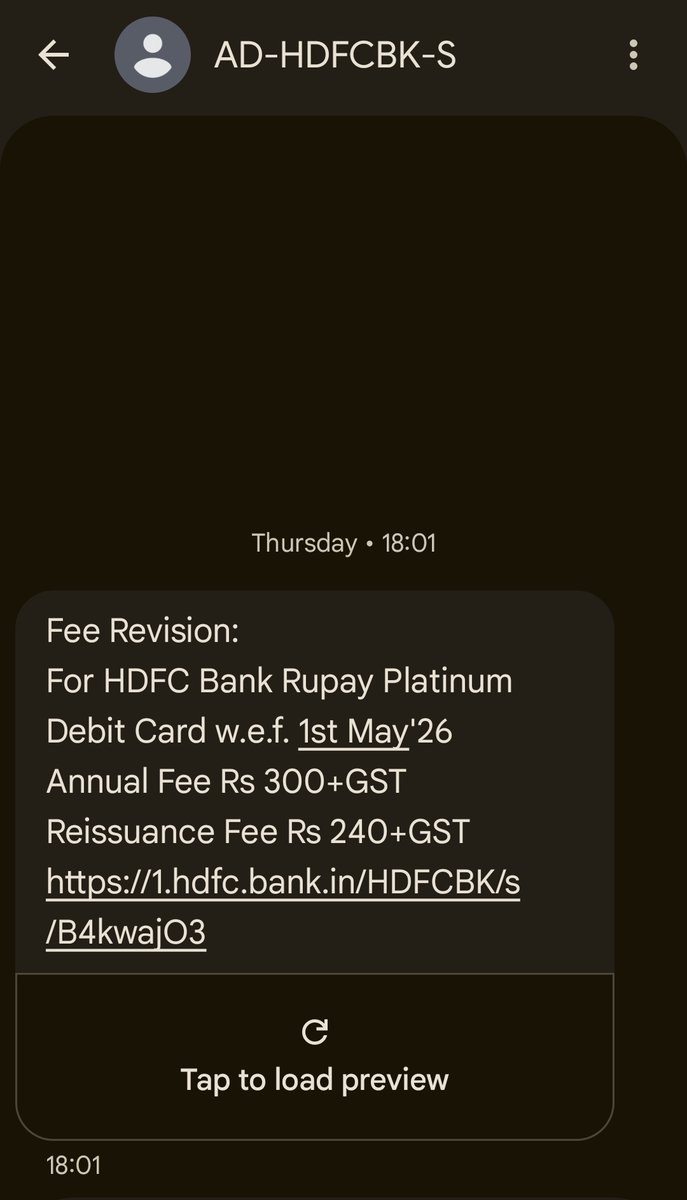HDFC  revised ATM charges: Annual maintenance: Rs.300+GST

Re-issuance charges:

Rs.240+GST

How is the annual maintenance cost cheaper than the reissuance cost of ATM? 

कहां गए <a href="/raghav_chadha/">Raghav Chadha</a> जी? आपको तो मिनिमम बैलेंस चार्जेज से भी प्रॉब्लम थी।
#bank #hdfc