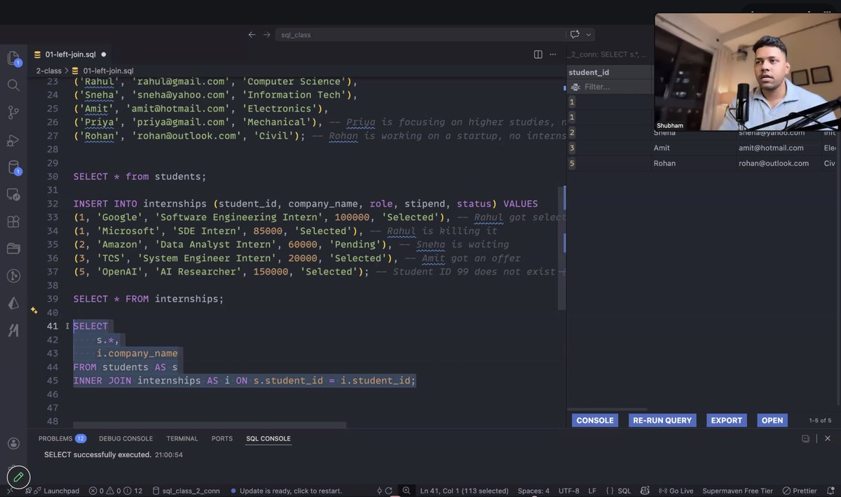 devwithjay's tweet image. 𝗝𝗼𝗶𝗻𝘀 &amp;amp; 𝗜𝗻𝗱𝗲𝘅𝗶𝗻𝗴 ⚡

Today’s class went deeper into SQL, joins, foreign keys, &amp;amp; constraints.

Also explored indexing and how databases optimize queries behind the scenes.

Designed an Instagram-like system using ER diagrams.

#DBMS #SQL #Backend #ChaiCode
