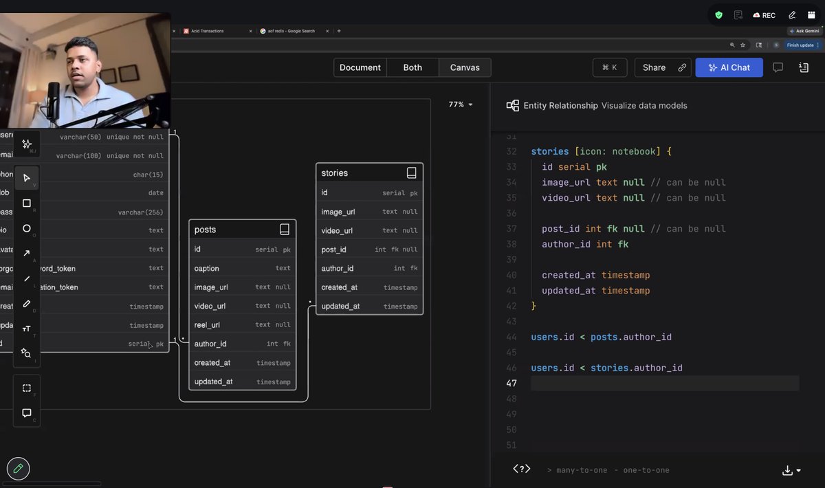 devwithjay's tweet image. 𝗝𝗼𝗶𝗻𝘀 &amp;amp; 𝗜𝗻𝗱𝗲𝘅𝗶𝗻𝗴 ⚡

Today’s class went deeper into SQL, joins, foreign keys, &amp;amp; constraints.

Also explored indexing and how databases optimize queries behind the scenes.

Designed an Instagram-like system using ER diagrams.

#DBMS #SQL #Backend #ChaiCode