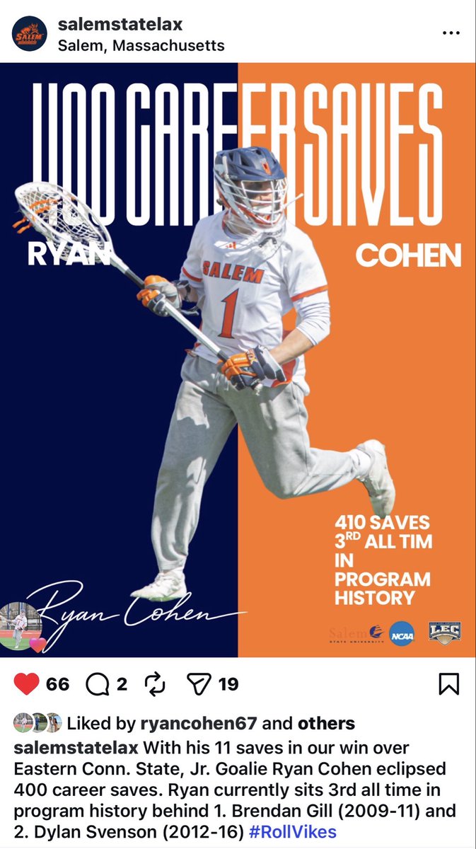 AshleyCohenBHS's tweet photo. Congratulations to my brother Ryan Cohen #sslax 410 saves after yesterday’s game!! https://t.co/FO0Kc461eb
