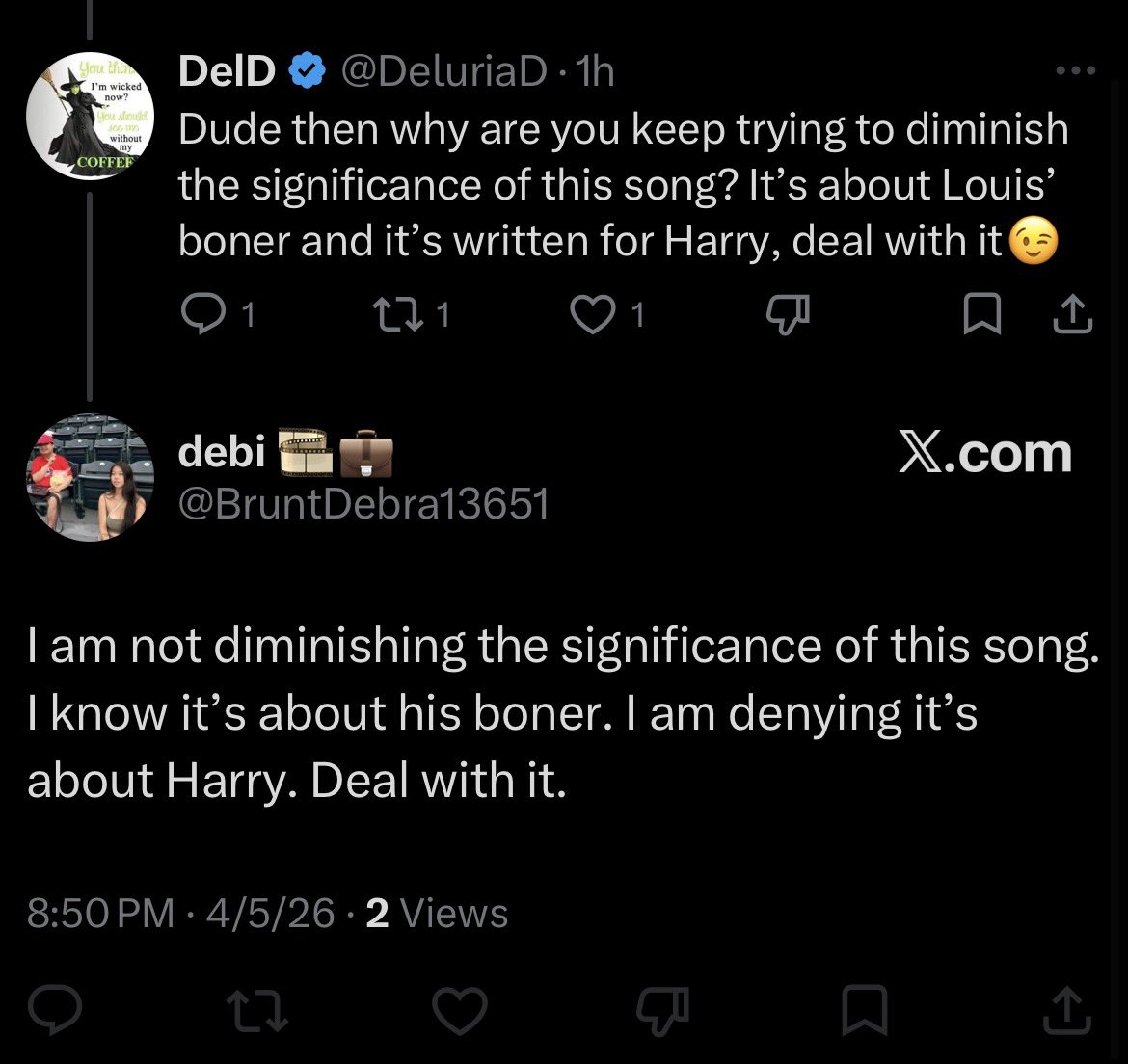Antis (in this case <a href="/BruntDebra13651/">debi 🎞️💼</a> ) refusing to admit that No Control is about Harry is the funniest thing I’ve seen today 😂😂
Louis did hit them hard with this one, poor souls😂