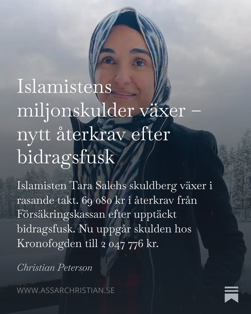 Miljonskulderna tycks inte oroa Tara Saleh. 

Hon har själv uppgett att hon kommit till Sverige för att sabotera och leva på svenskars skattepengar.

🔗 Läs mer: assarchristian.se/p/islamist-mil…