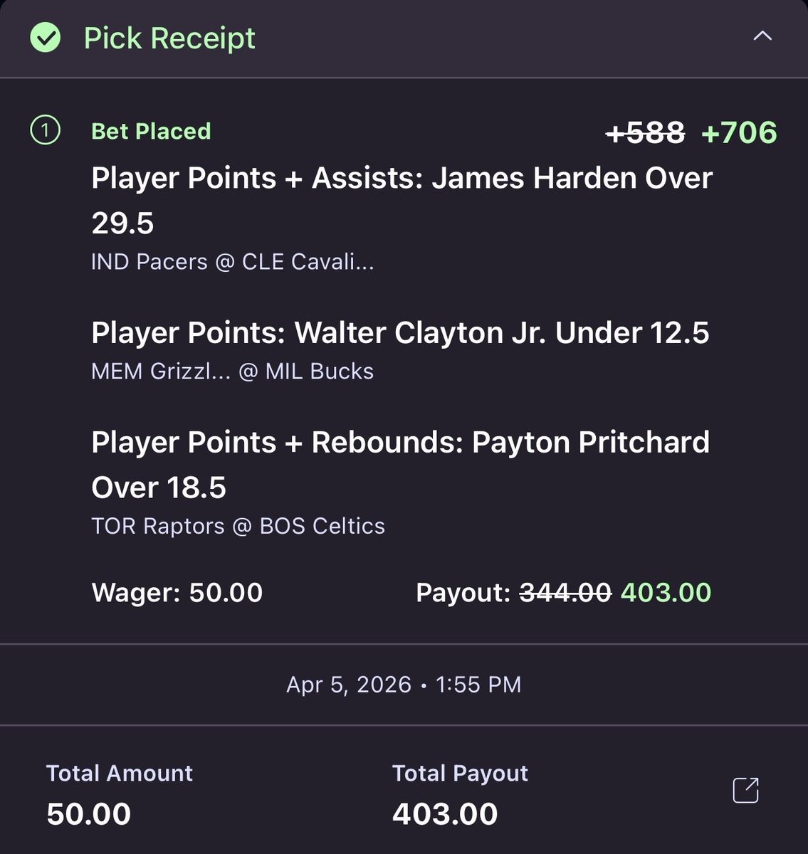 GhostEVplays's tweet image. 🏀 Onyx Odds Parlay Boost

🏀 +706 (FV +574.71)
+EV: 19.45%
Playing: 0.31 Unit Promo Max

#onyx #odds #sports #nba #basketball