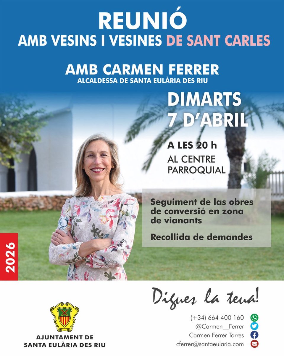Celebram una nova trobada de 🗣Digues la Teua a Sant Carles
📆 7 d’abril, a les 20 h
📍 Centre Parroquial 
🙌🏼 Un espai de reunió obert a tota la ciutadania, sobre el seguiment de les obres de conversió en zona de vianants i les inquietuds i propostes dels vesins i vesines