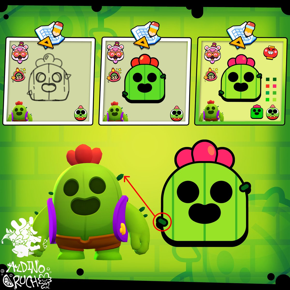 aldo_ruch's tweet image. Rediseño para los pins de spike 🌵^^
proceso de los pins en mi perfil 
animación del pin igual en mi perfil
#BrawlStars #supercell #spike #pin #kawaii