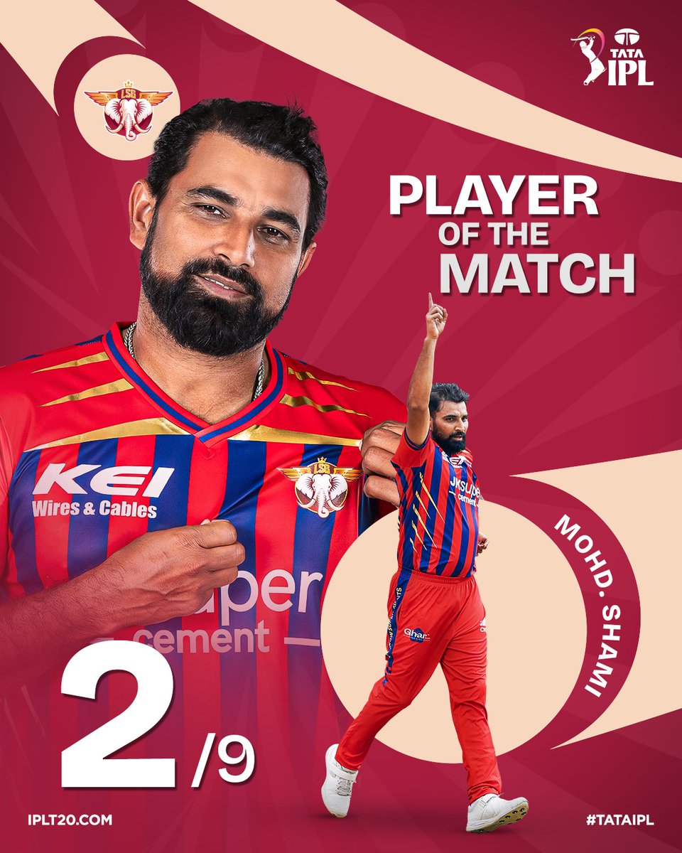 IPL's tweet photo. A spell that outclassed the #SRH top order 👊

Mohd. Shami is the Player of the Match for his most economical 4️⃣-over spell in #TATAIPL alongside picking two wickets 🌟

Relive his spell 👉 https://t.co/i3WtJKa4nw

#KhelBindaas | #SRHvLSG | @LucknowIPL | @MdShami11 https://t.co/gzfBiU0Ry5