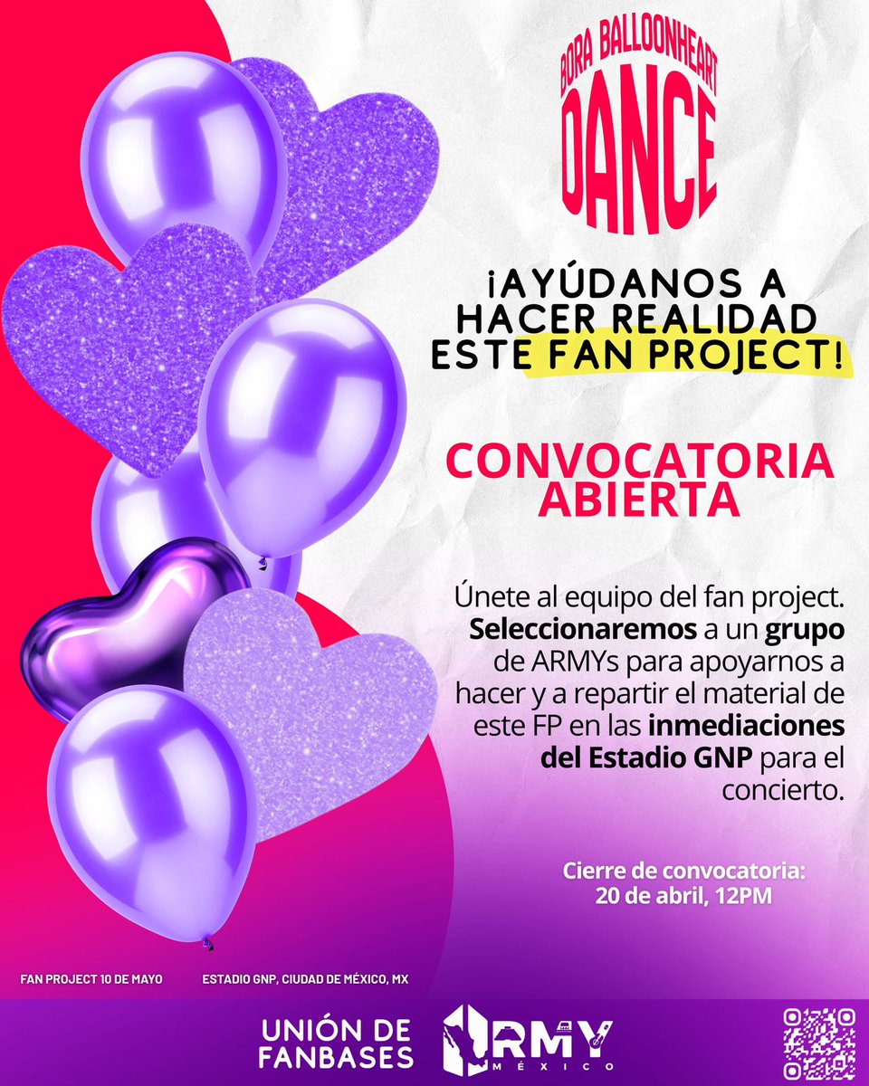 🇲🇽  FANPROJECTS - 10 de MAYO 🇲🇽
 [  C O N V O C A T O R I A ]

Apoya los proyectos para el concierto de BTS ✨ ¡Te estamos buscando, ARMY!

✨ Origins to Eternity 
🎈 Bora Balloonheart Dance

REGISTRO👇
 🔗 linktr.ee/btsarmymexico
• CIERRE:  20 de abril

#BTS_FANPROJECTSMEXICO