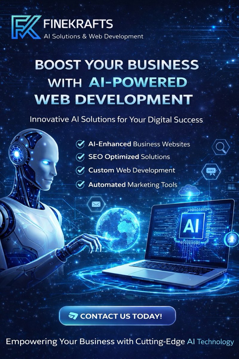 finekrafts's tweet image. 🚀 AI is changing how businesses grow online.

At Finekrafts, we build smarter websites powered by AI — automating tasks, understanding users, and boosting conversions.

Start your AI journey 👇
🌐 finekrafts.com

#AIForBusiness #ArtificialIntelligence #WebDevelopment