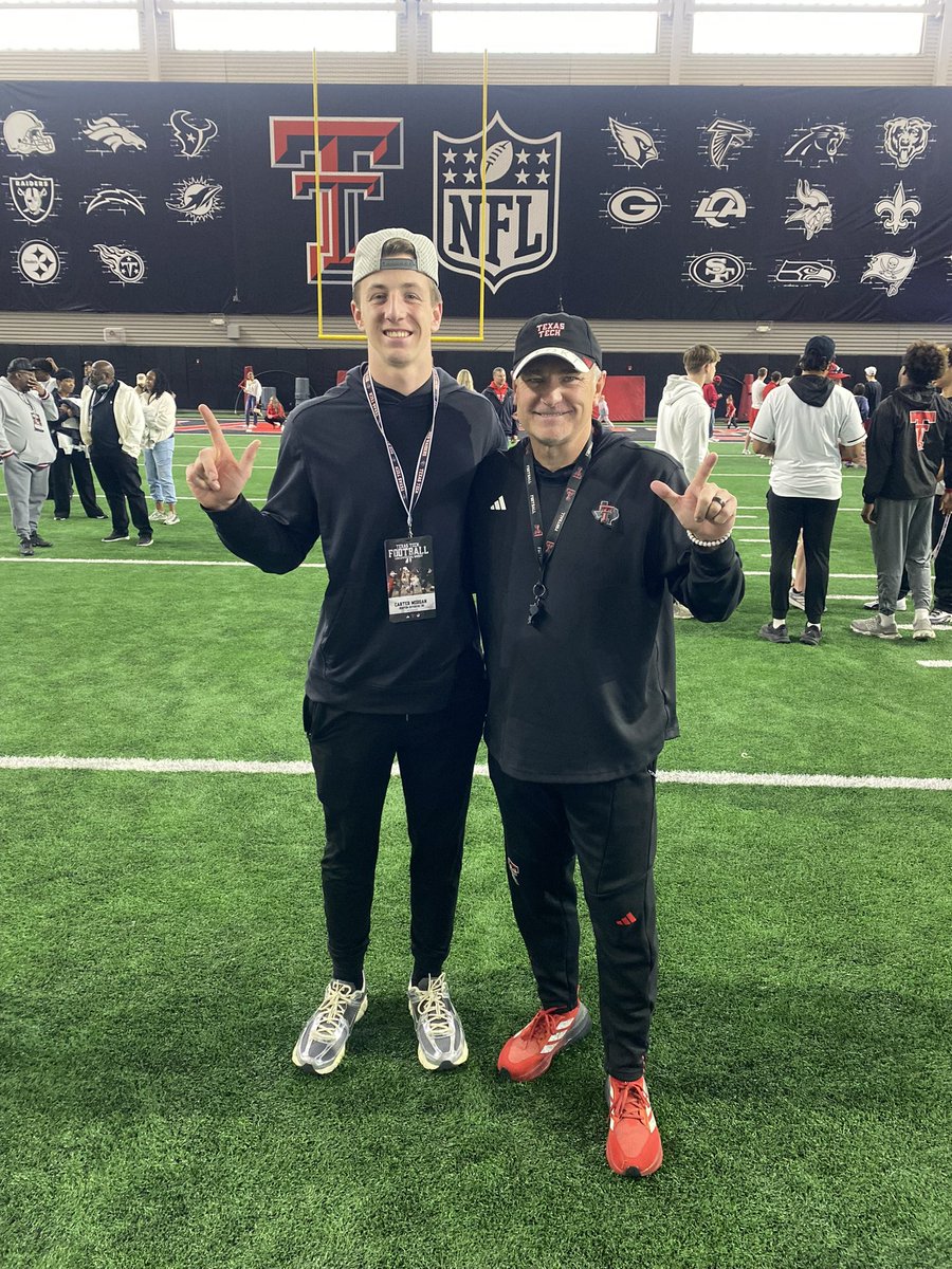 CarterMorgan_TX's tweet photo. Had a great time with @TexasTechFB yesterday. Thank you @JoeyMcGuireTTU , @Coach_Leftwich, and @lindseyscottjr for the invite. Looking forward to seeing you @DentonGuyer_FB for a Spring Practice. 

@ReedHeim @kylekeese @mike_gallegos16 @CoachHartfield @BGrayson3 @CoachKeith11 https://t.co/dSxg5vvBye