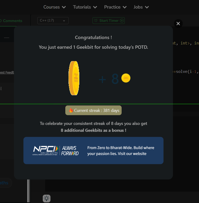 Soni490's tweet photo. 🚀 Day 50/60 – GFG × NPCI Challenge
Solved: Target Sum
Approach: 🎯 Dynamic Programming (Subset Sum Transformation)
Converted the problem into subset sum to count valid expressions. 💪
#60DaysChallenge #DSA #DynamicProgramming #GeeksforGeeks #NPCI
@GeeksforGeeks @NPCI_NPCI https://t.co/hjHU2itPh5