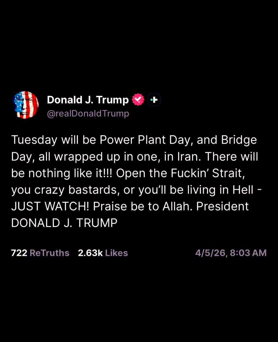 TheMoneyApe's tweet photo. TRUMP THREATENS POWER PLANT 💥

TRUMP: “TUESDAY WILL BE POWER PLANT DAY &amp; BRIDGE DAY IN IRAN.”

WARNS: “OPEN THE STRAIT OR YOU’LL BE LIVING IN HELL.”

MEANWHILE, IRAN CLAIMS OF DESTROYING MULTIPLE U.S. HELICOPTERS &amp; TRANSPORTS.

IF IRAN NOT COMPROMIS... Show more https://t.co/7I6kmIuxD7