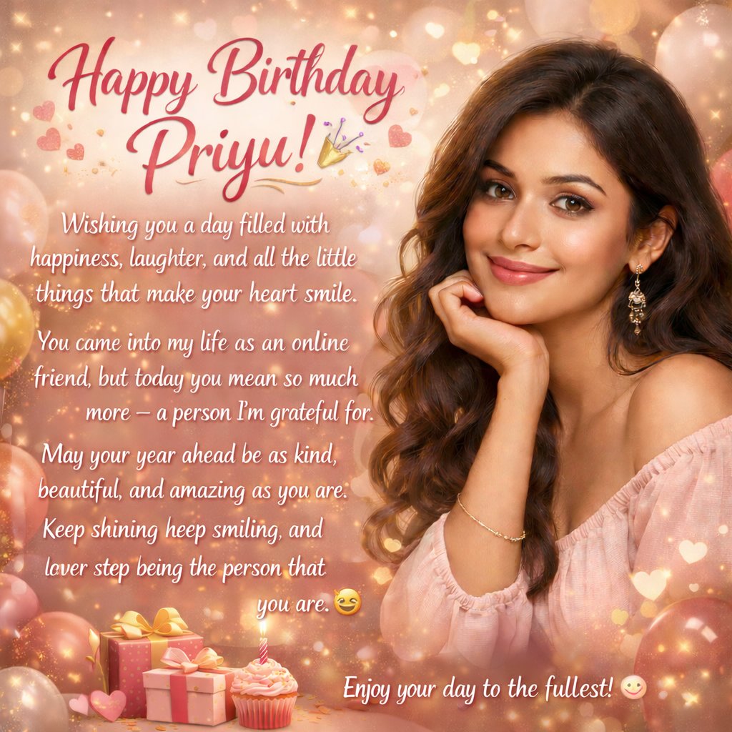 "Hey Priyu! 🎉 Happy birthday to an amazing friend who's gone from online to offline awesome 😊! Wishing you a day filled with laughter, love, and all your fave things! Here's to many more adventures together 🎂" 

#HappyBirthday <a href="/dream_girl29635/">Priγυ</a>