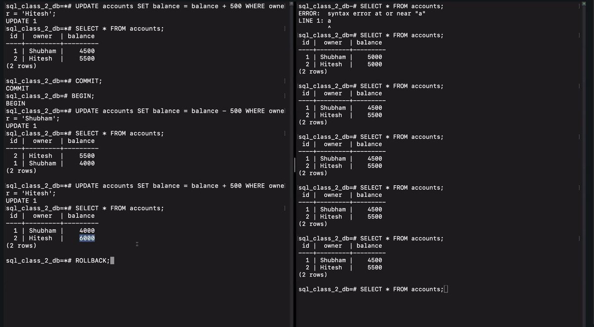 sharmadipalidev's tweet image. Cohort class-35
Chai aur SQL-2

learn about
-CASCADE, SET NULL, RESTRICT
-inner join
-left join
-right join
-full-outer-join
-parallel seq scan
-indexes
-non key value 
-transaction
-ACID
-DB design

Thanks to @Hiteshdotcom @nirudhuuu @piyushgarg_dev @ChaiCodeHQ 
#sql #chaicode