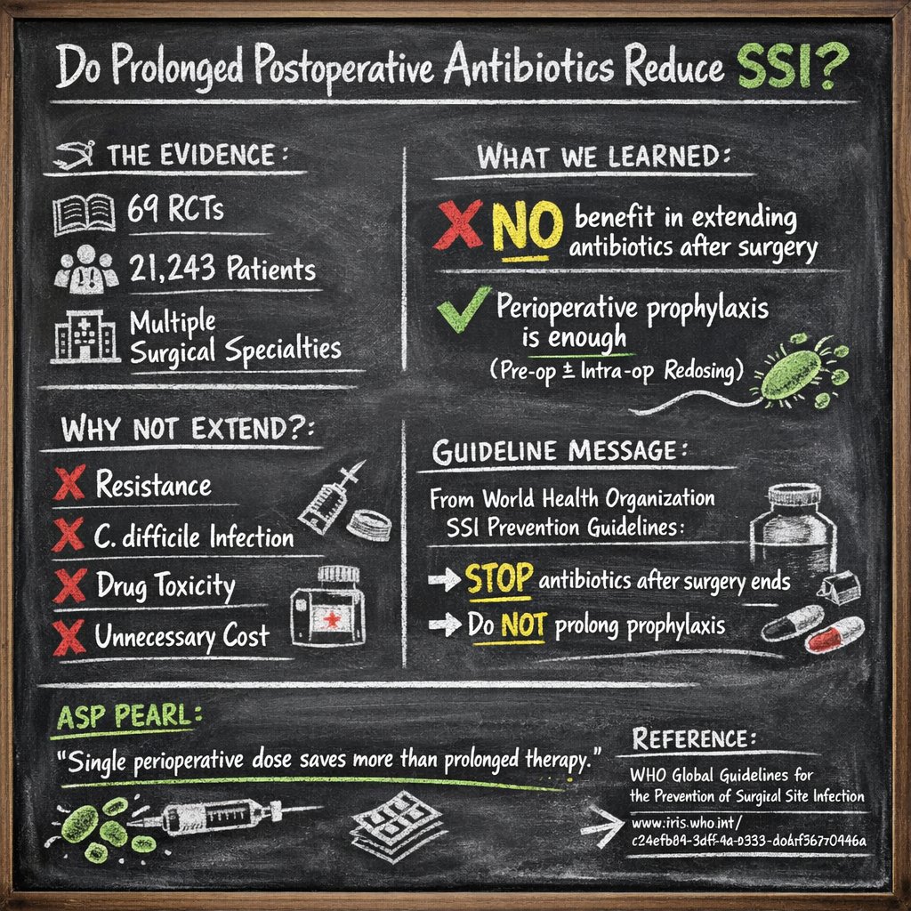 Mohamme72157286's tweet photo. Does prolonged postoperative antibiotics reduce surgical site infections (SSI)?
📚 69 randomized controlled trials
👥 21,243 patients
🏥 Multiple surgical specialties
➡️ No added benefit of extending antibiotics after surgery completion 
https://t.co/qntLf1ic1Z https://t.co/AnBH6JxVJ7