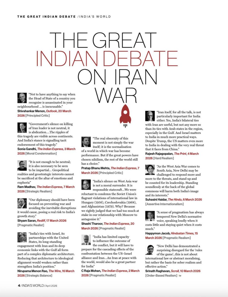 Khanversations2's tweet photo. The debate in India is getting serious about #IranWar‌  War and India’s role or lack of it in it. India’s World did a good job of summarizing it in one page.
@HappymonJacob @MohanCRaja @IndiasWorld_mag https://t.co/7TbJt2vl4u