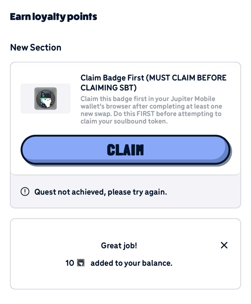 Congrats if you minted the PudgyPenguin x Jupiter SBT.

$PENGU x $JUP (🐧,🐱)

The mint is now closed with over 50K claimed.

If you already minted, you can still claim your 10 loyalty points, window for that is still open.