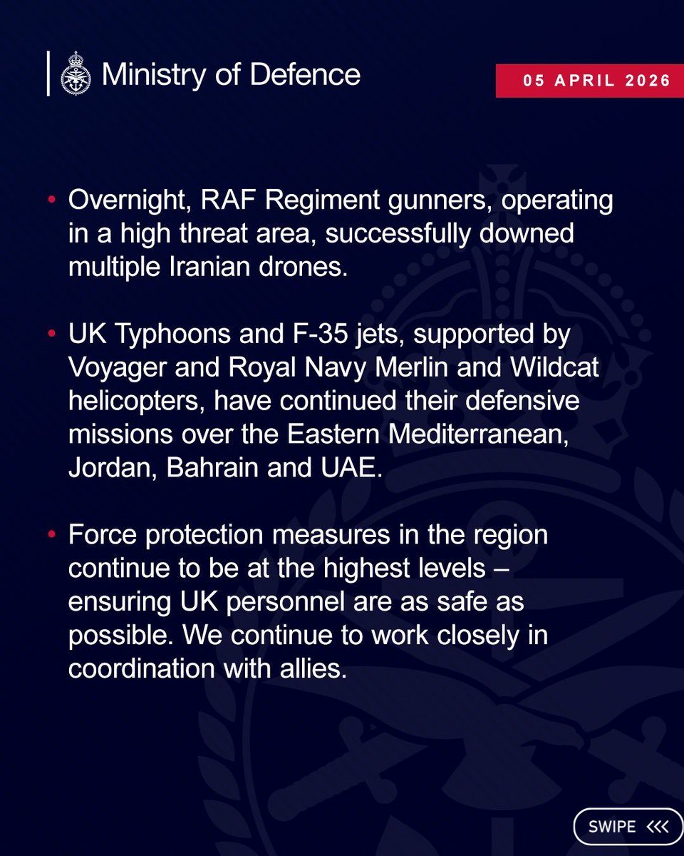 GDNonline's tweet image. Britain's RAF Regiment gunners have shot down multiple hostile Iranian drones in the region in the last 24 hours, continuing their defensive missions over Bahrain, UAE, Jordan and the Eastern Mediterranean.

#RAF #Bahrain #IranAttacks #GDNOnline