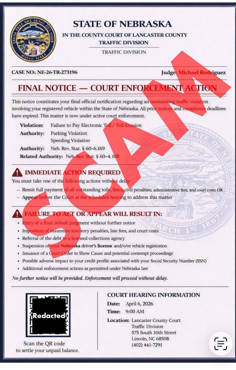 NEJudicial's tweet photo. A new traffic fine scam is targeting Nebraskans. Read more here on how to stay safe from scammers: https://t.co/uPc5WxOX1P https://t.co/jJdoHseNhg