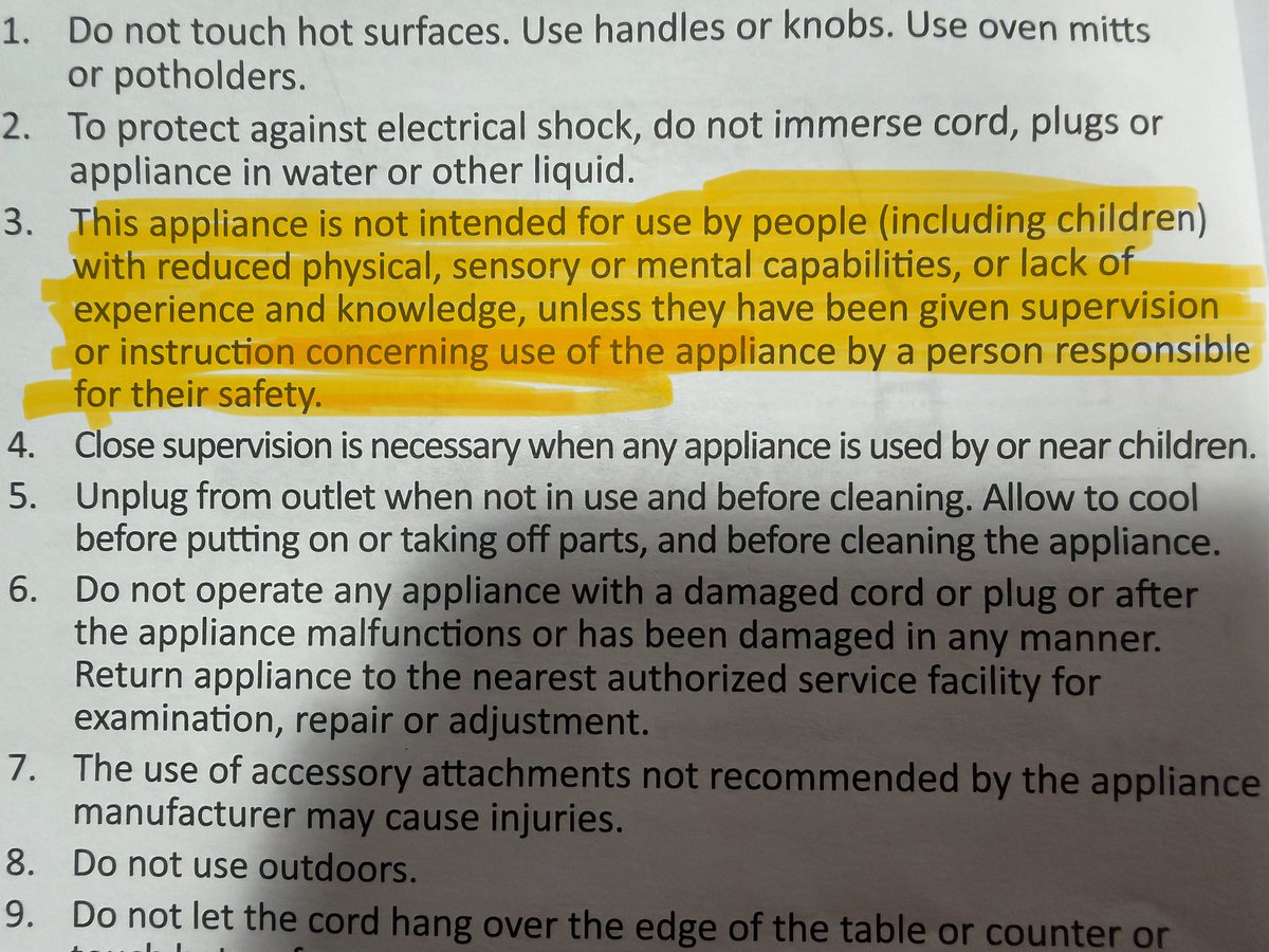 AccessMargins's tweet photo. Scratching my head at this statement in a manual for a kitchen appliance that warns against use by any disabled person. https://t.co/WpIbYufEPQ