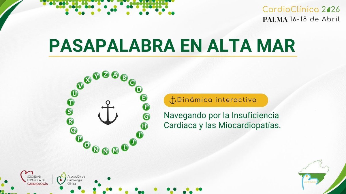 🎉 Ya queda menos para #CardioClinica26‼️ 🌟 

El viernes 17 de abril arranca el Congreso‼️ 

PASAPALABRA en alta mar. Navegando por la INSUFICIENCIA CARDIACA Y LAS MIOCARDIOPATÍAS.
Moderan con <a href="/SeguraCardio/">Diego Segura-Rodríguez</a> &amp; <a href="/tripoll/">Tomás Ripoll Vera MD,PhD,FESC🇪🇸</a>

No te lo puedes perder‼️🗓️ buff.ly/Yut5qVM