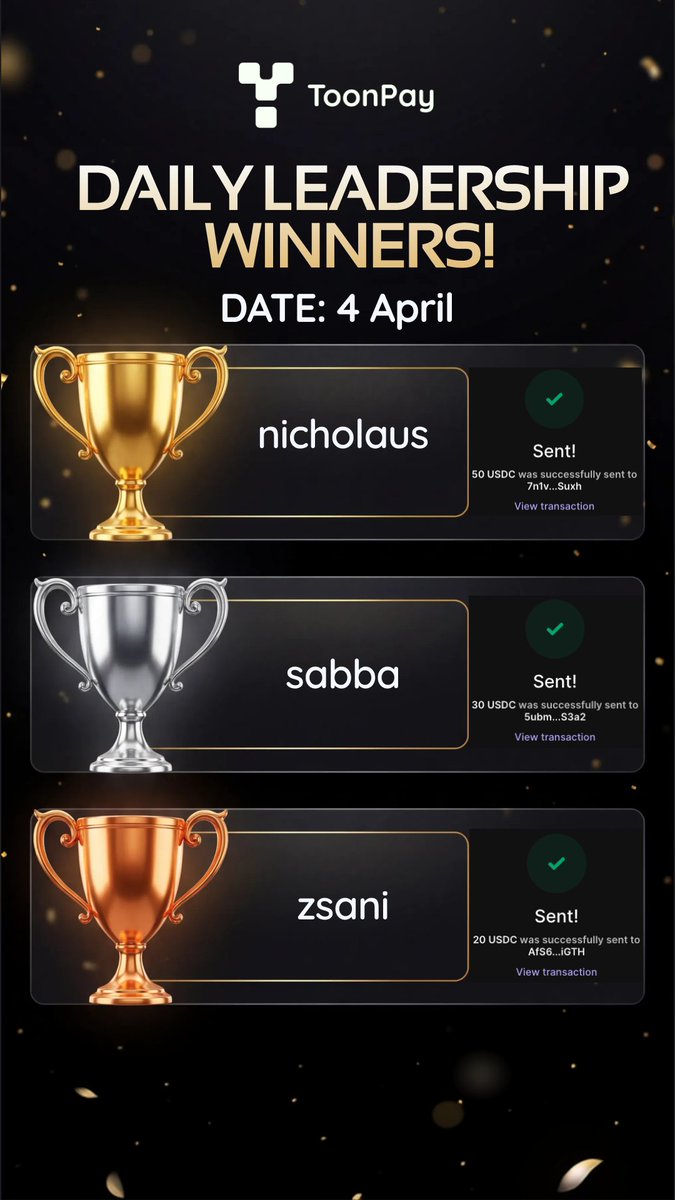Our heartfelt congratulations to the winners!🎉🔥🥰

#ToonPay #Leaderboard