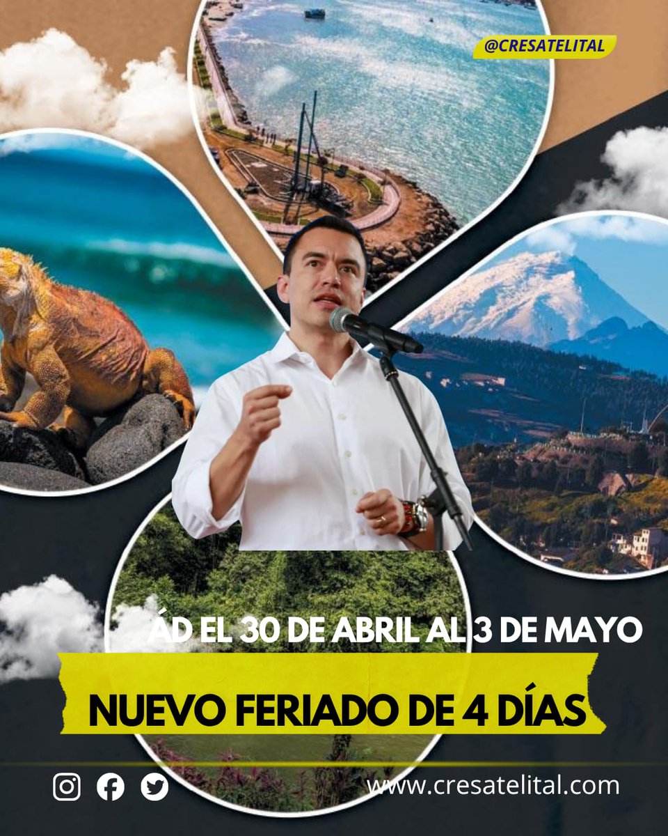 GilerPat's tweet photo. Daniel Noboa firmó el Decreto Ejecutivo 354 para suspender la jornada laboral del jueves 30 de abril de 2026. Por lo tanto, el feriado del Día del Trabajo se extenderá a cuatro días, desde el 30 de abril hasta el domingo 3 de mayo. @CREnoticias @Cresatelitalecu https://t.co/D0Gai1VJPH