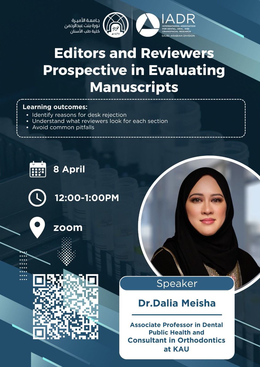 In collaboration with the Vicedeanship of Research, Innovation &amp; Business at the College of Dentistry, PNU
we are pleased to announce an upcoming session of the Research Skills Enhancement Program.
Online
Certificates provided
#IADR #DentalResearch #PNU #ResearchSkills