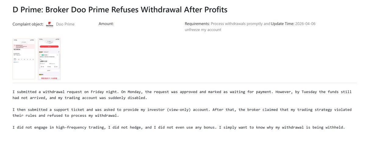 FX911_Official's tweet photo. We have received a complaint from the client of broker Doo Prime:(D Prime: Broker Doo Prime Refuses Withdrawal After Profits) Link:https://t.co/J8Q5XY1QoP https://t.co/1KkD2pIkZA