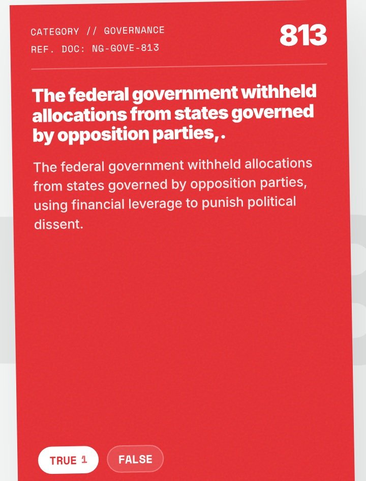 cyberjeremiah's tweet image. #813: The federal government withheld allocations from states governed by opposition parties, using financial leverage to punish political dissent.

Source: PLAC Nigeria

#NotMyPresident #Nigeria2027 1000reasons.vote/#