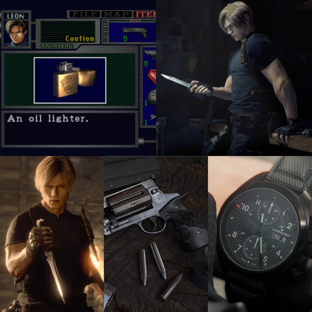Leon has a habit of holding onto things tied to his painful past

RE2 classic: a lighter from someone important to him
RE2R: marvin’s knife
RE4R: krauser’s knives
RE9: he’s wearing a watch with a black wing detail that honors his fallen comrades
RE9: a gun called “Requiem”