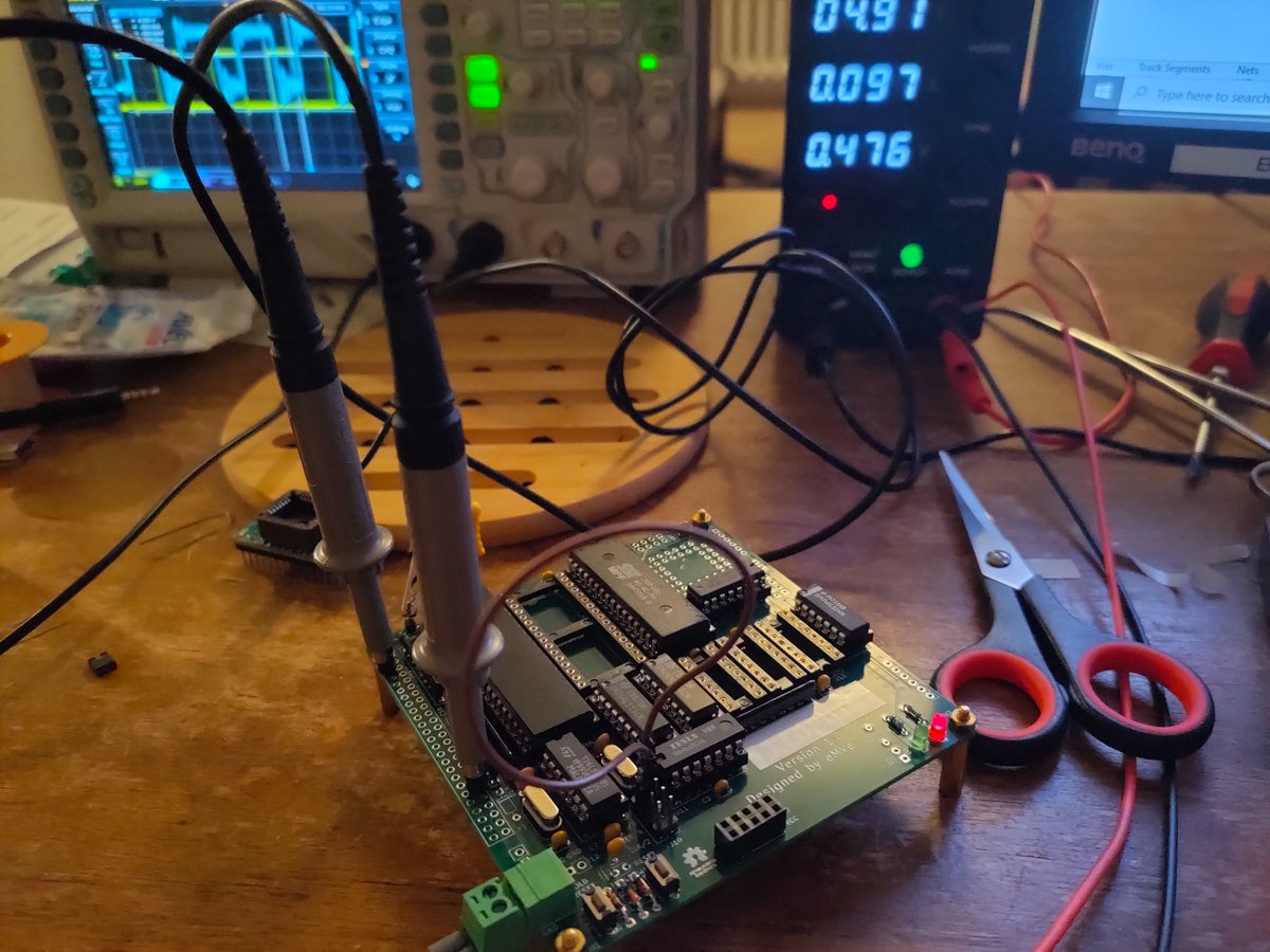 Bringing my Z80 retro computer to life. The sockets on the PCB were soldered by my 14-year-old doing it for the first time — and he did a great job. The CPU happily cycles through 16 kB of NOPs, ending with C3 00 00 - JP 0000h.