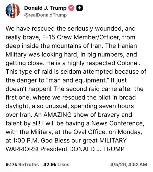 TRUMPGIRL_STL's tweet image. PRESIDENT TRUMP ANNOUNCES PRESS CONFERENCE MONDAY 1:00 PM ET:  The President describes the heroic rescue of the second airman, a colonel. Trump will participate in tomorrow’s pentagon briefing.